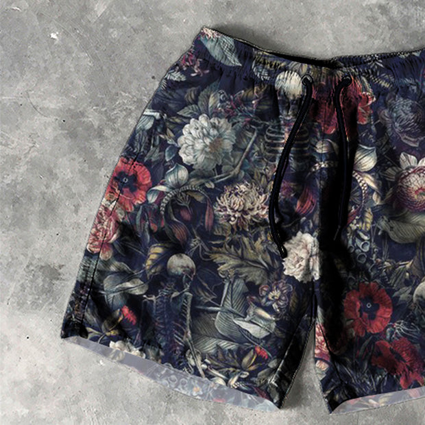 Skull Flower Print 5 Inseam Shorts