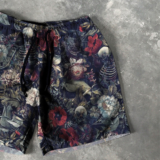 Skull Flower Print 5 Inseam Shorts