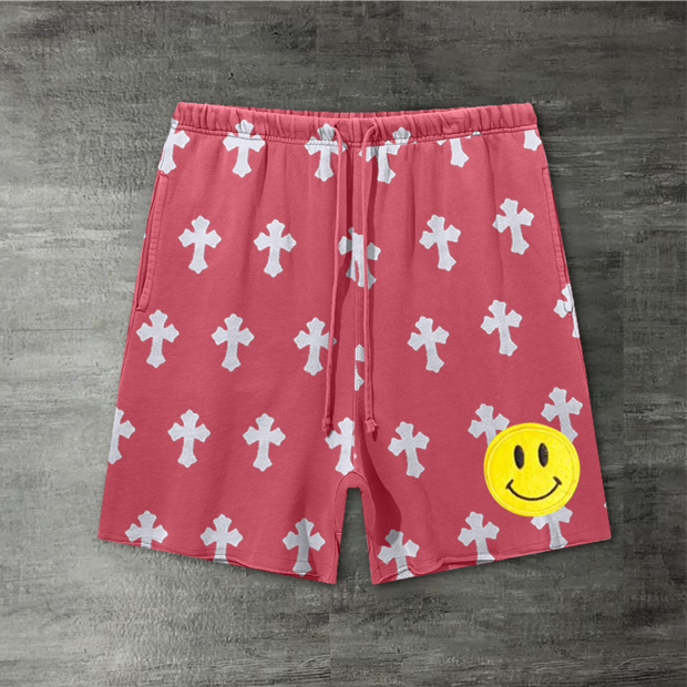 Cross-print casual loose edge sports shorts