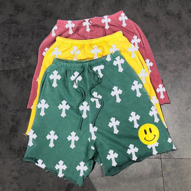 Cross-print casual loose edge sports shorts