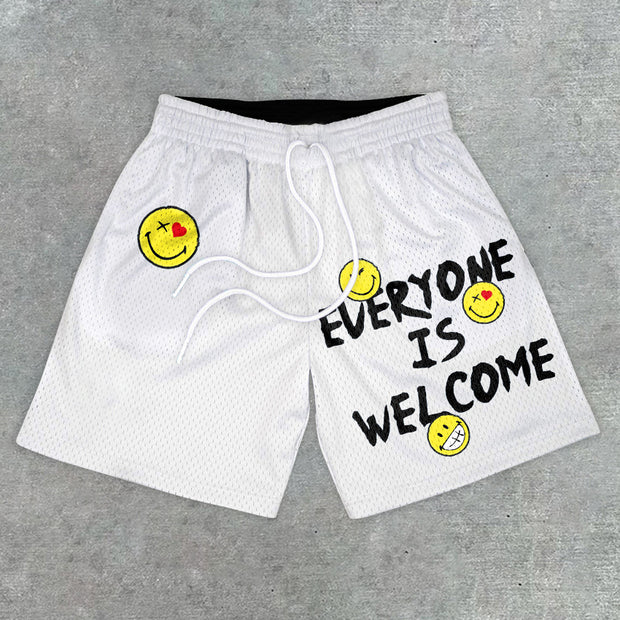 Fashion Preppy Casual Smiley Print Mesh Shorts