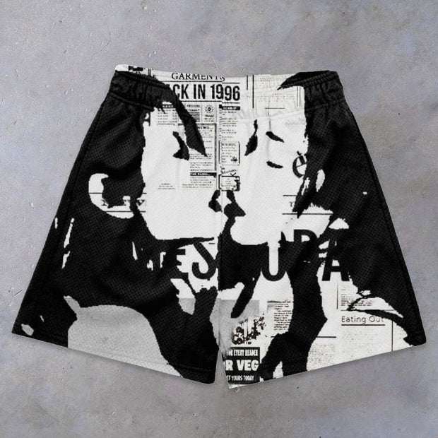 Statement street fashion print mesh shorts