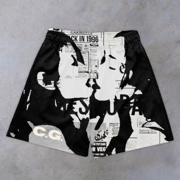Statement street fashion print mesh shorts