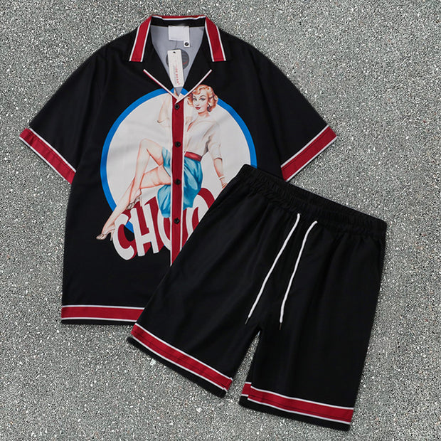 Trendy street style lapel shirt and shorts suit
