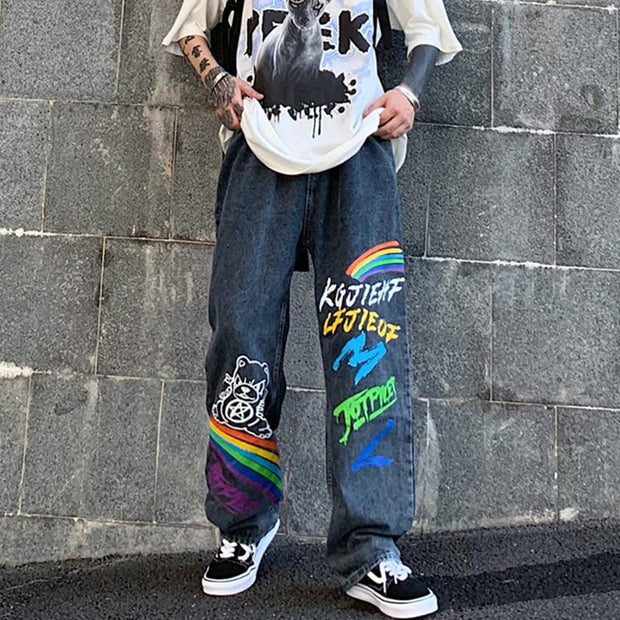 Graffiti jeans men's loose straight pants high street ins tide net red handsome casual trousers