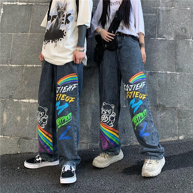 Graffiti jeans men's loose straight pants high street ins tide net red handsome casual trousers