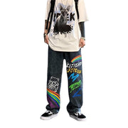 Graffiti jeans men's loose straight pants high street ins tide net red handsome casual trousers