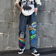 Graffiti jeans men's loose straight pants high street ins tide net red handsome casual trousers