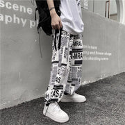 Retro hip-hop bomb street newspaper full-print wide-leg trousers
