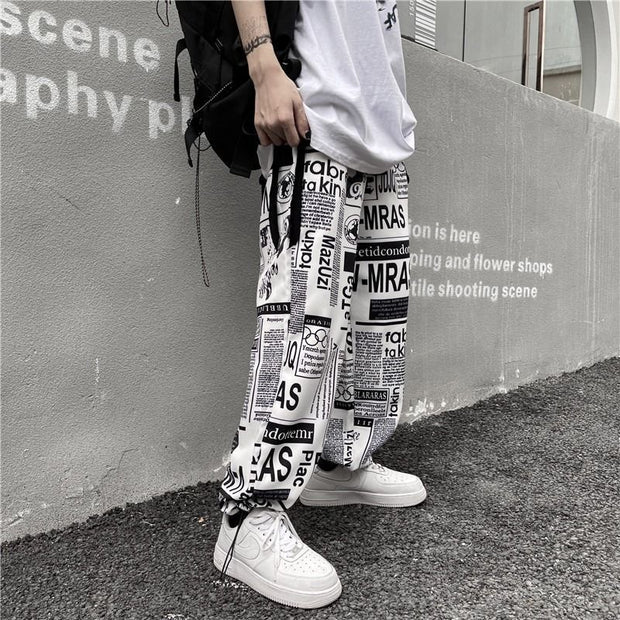 Retro hip-hop bomb street newspaper full-print wide-leg trousers