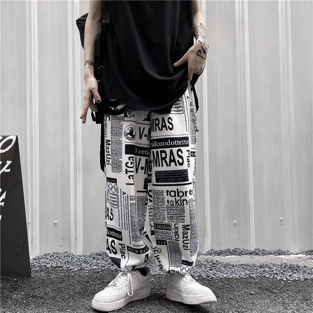 Retro hip-hop bomb street newspaper full-print wide-leg trousers