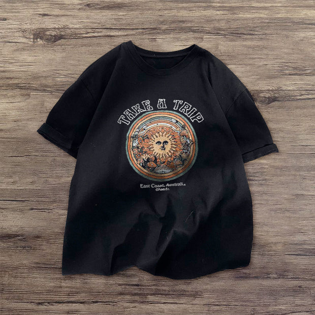 Outdoor retro print round neck short-sleeved T-shirt