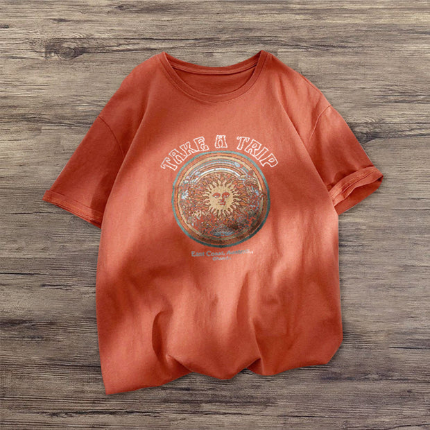 Outdoor retro print round neck short-sleeved T-shirt