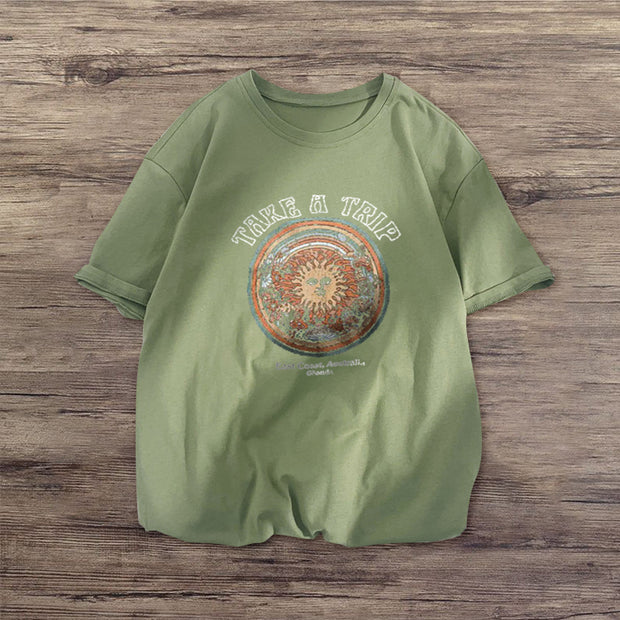 Outdoor retro print round neck short-sleeved T-shirt