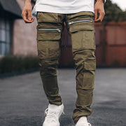 Zip running track trousers multi-pocket slim-fit cargo casual trousers