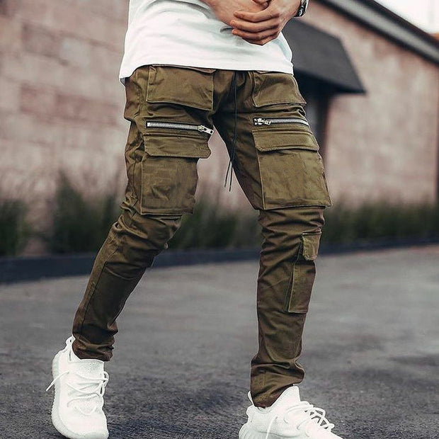Zip running track trousers multi-pocket slim-fit cargo casual trousers