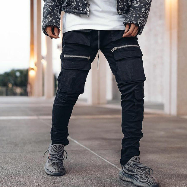 Zip running track trousers multi-pocket slim-fit cargo casual trousers