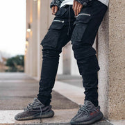 Zip running track trousers multi-pocket slim-fit cargo casual trousers