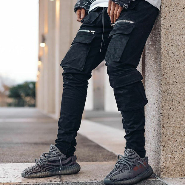 Zip running track trousers multi-pocket slim-fit cargo casual trousers