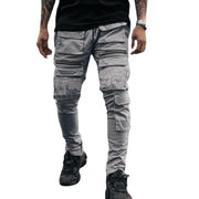 Zip running track trousers multi-pocket slim-fit cargo casual trousers