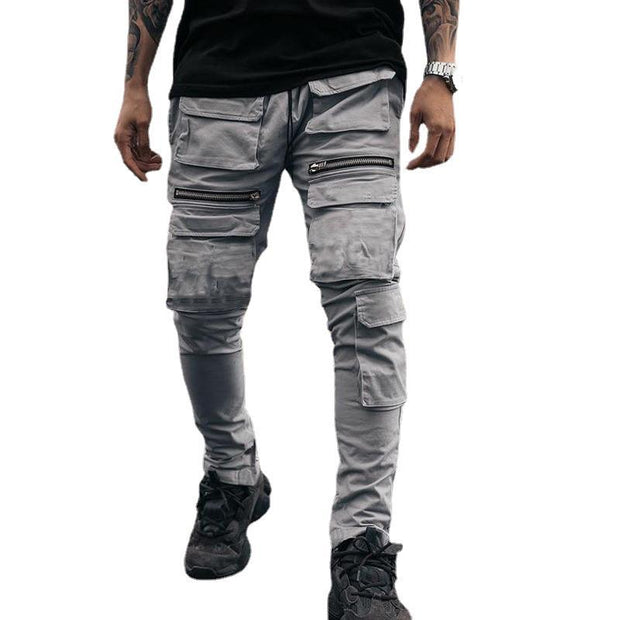 Zip running track trousers multi-pocket slim-fit cargo casual trousers