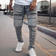 Zip running track trousers multi-pocket slim-fit cargo casual trousers