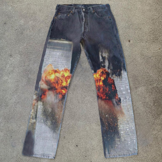 Street style personality printed straight-leg pants men's trousers