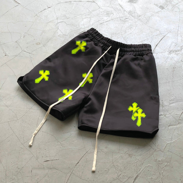 Fluorescent cross-print street track shorts