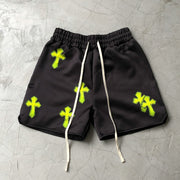 Fluorescent cross-print street track shorts