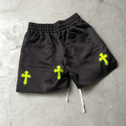 Fluorescent cross-print street track shorts